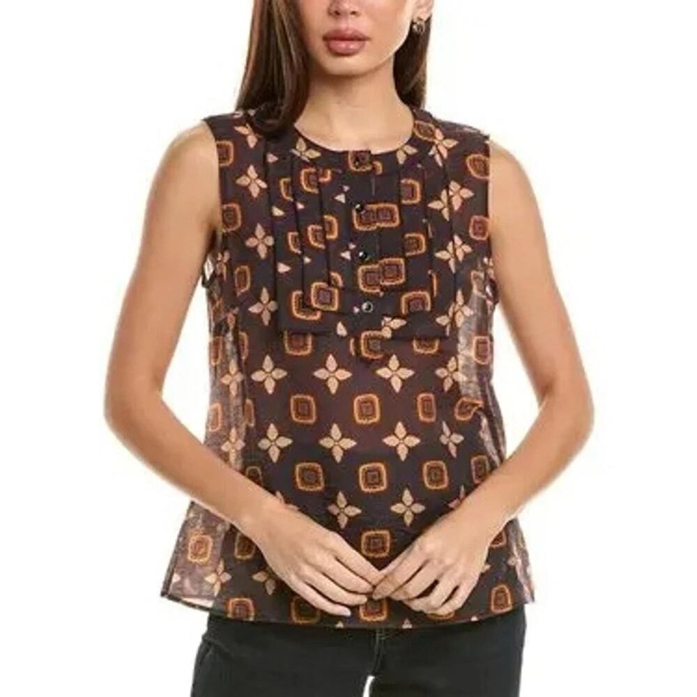 Cabi Louis Top Womens Small Brown Style 4558 Medallion Print Sleeveless Blouse